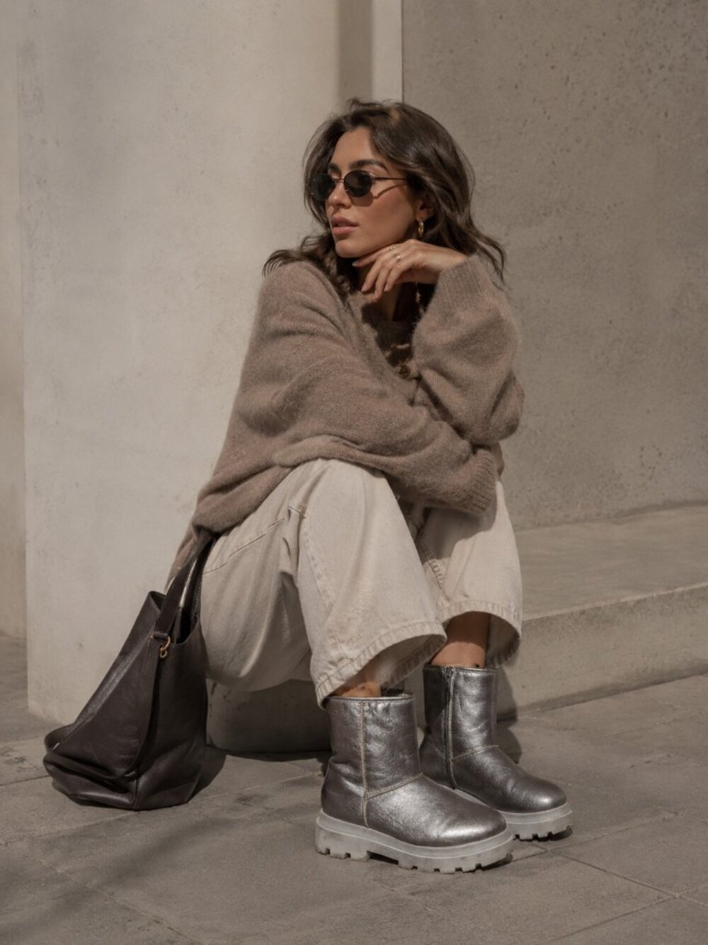 DWRS Metallic Silver Leather Ankle Boots Shearling Lined Platform Lug Sole 10.5